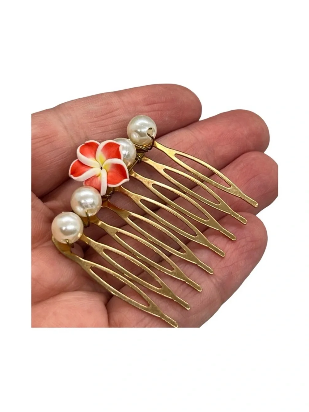 Gold Hair Comb with Coral Plumeria Flower and Pearl Accents FINAL PRICE DROP